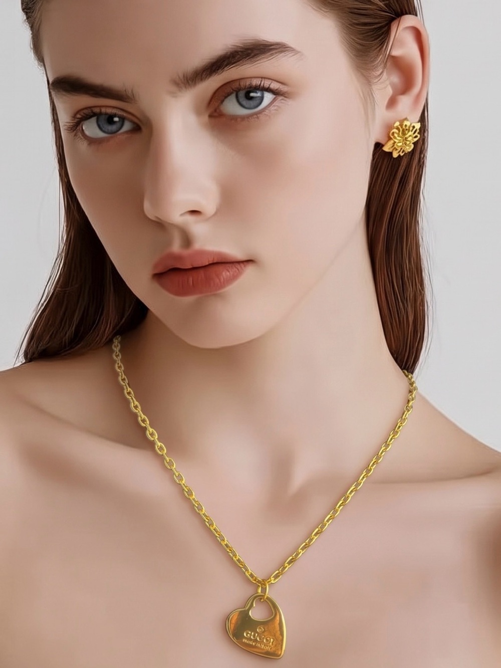 Gold Heart Padlock Necklace and Floral Stud Earrings Set - Women's Jewelry